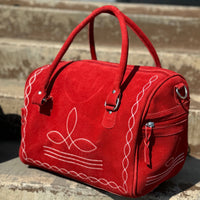 Red Boot Stitch Suede Leather Mini Duffle Bag