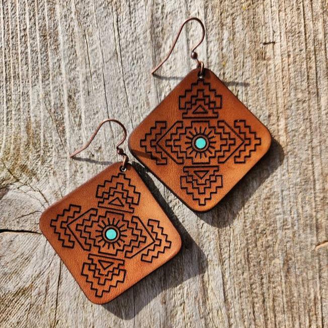 "Jacy"  Handmade Tooled Leather Aztec Diamond Earrings