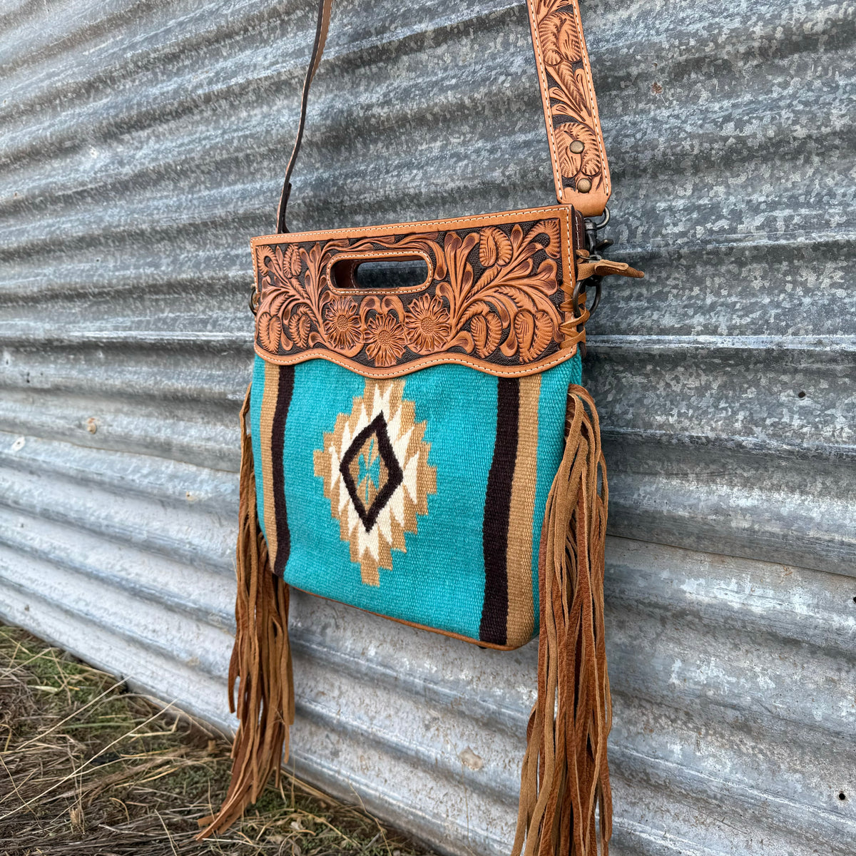 Purse - Turquoise Saddle Blanket with Fringe